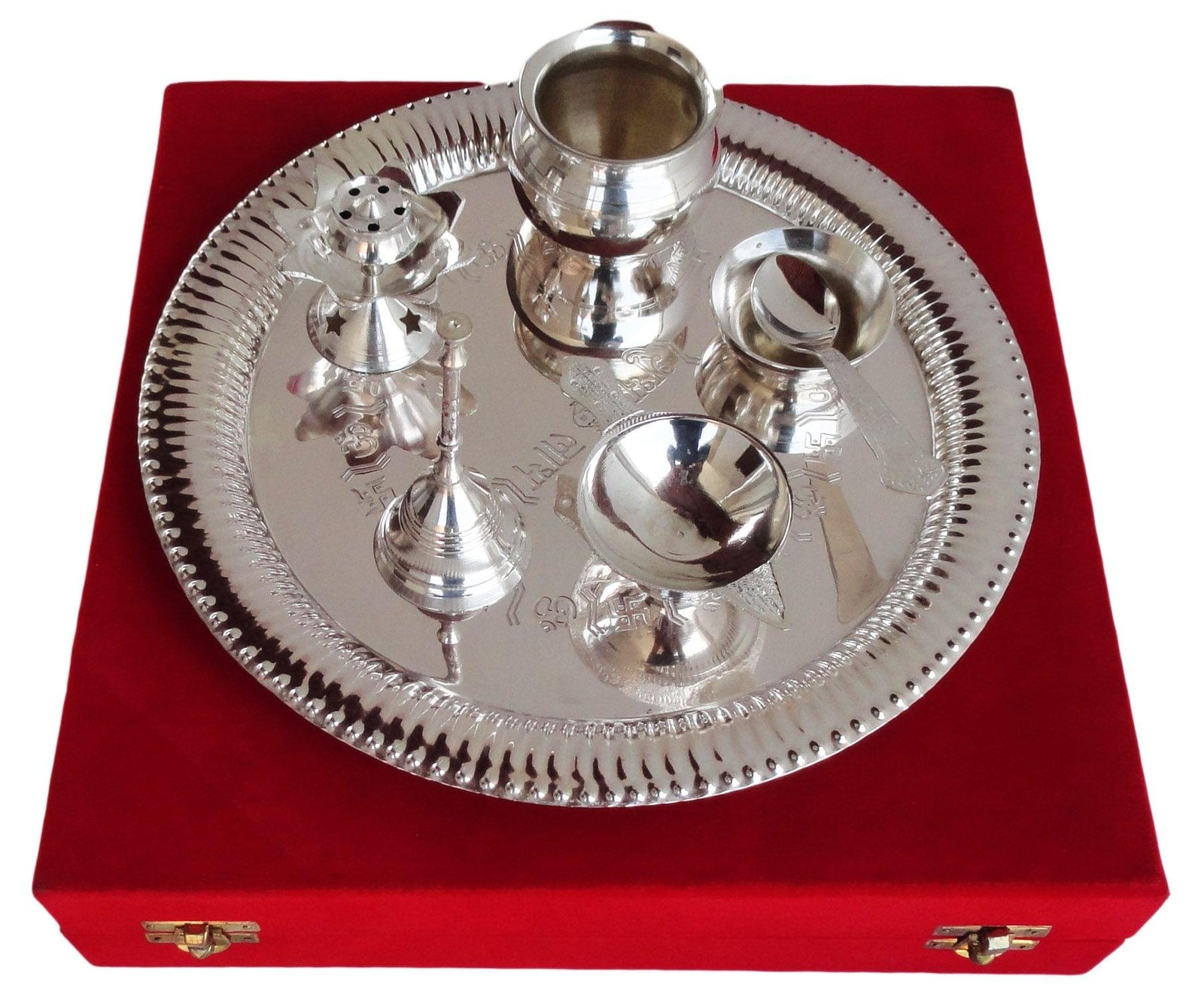 Brass Puja Thali Set Valvet Box — 3"
