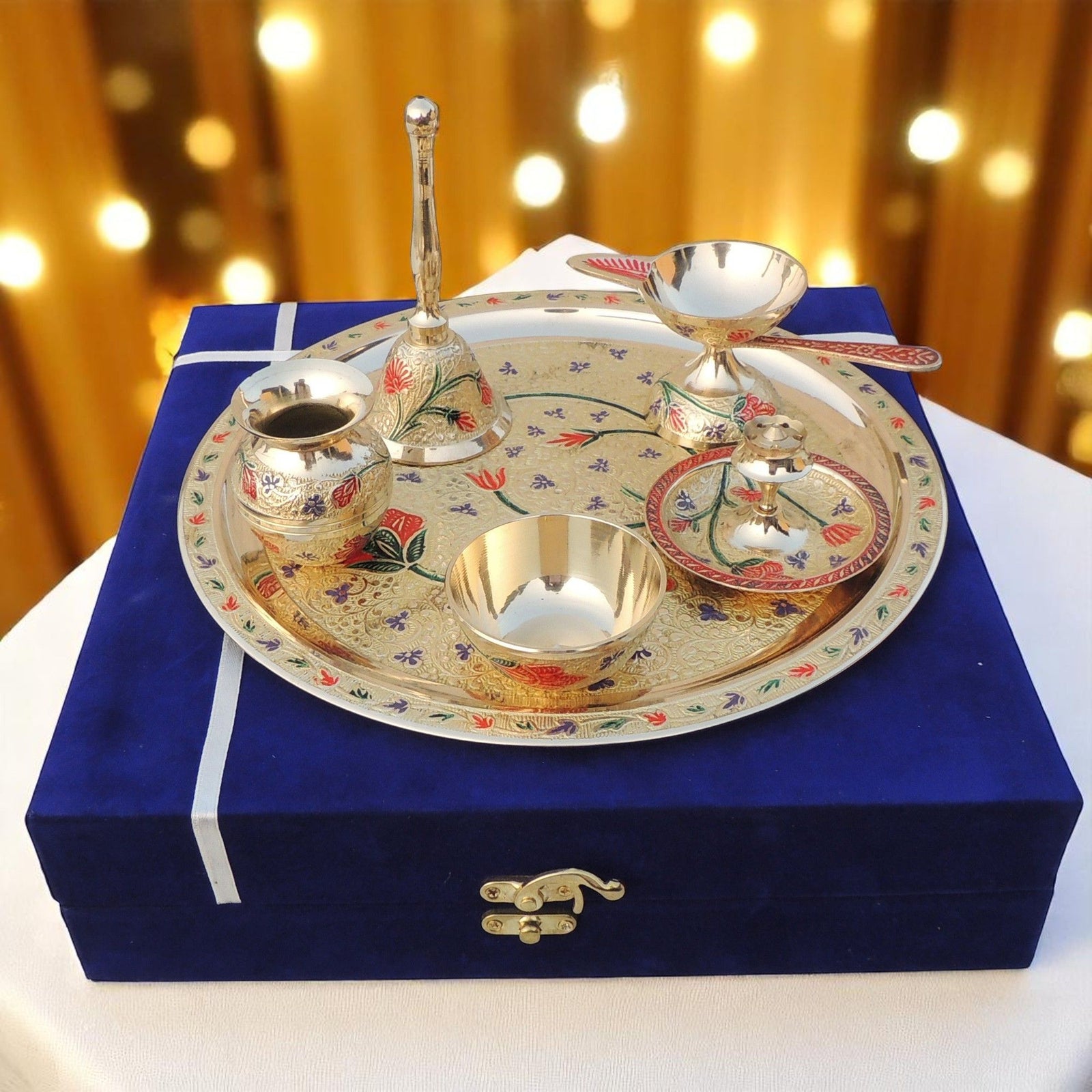 Brass Puja Thali Set Valvet Box