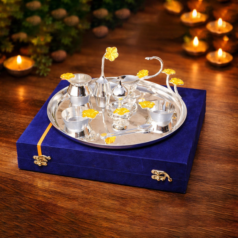 Brass and Steel Puja Thali Set Valvet Box