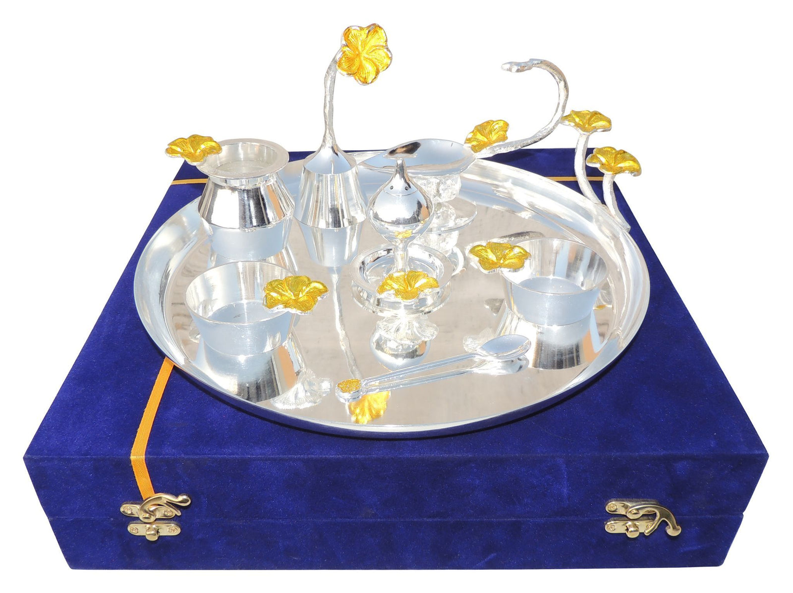 Brass and Steel Puja Thali Set Valvet Box