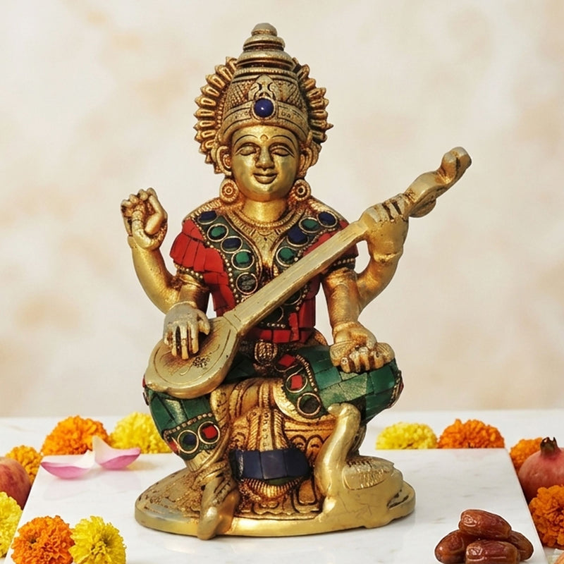 Brass Saraswati — 6.5"