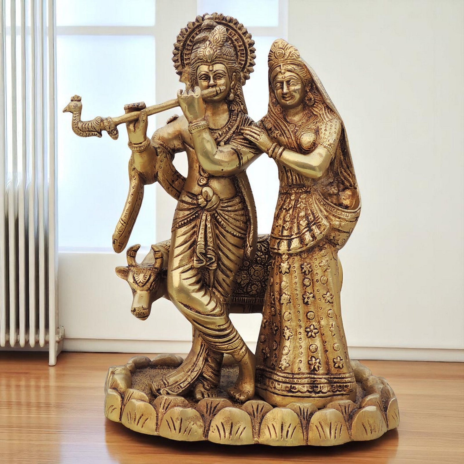 Brass Radha-Krishna, with Cow — 11"