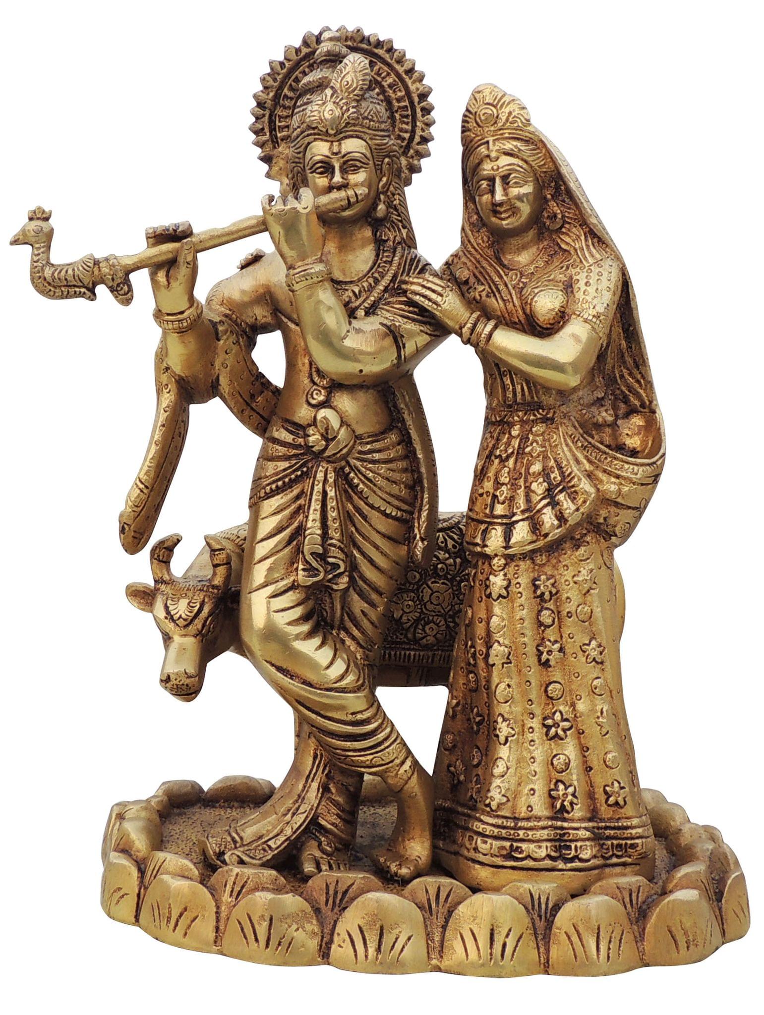 Brass Radha-Krishna, with Cow — 11"