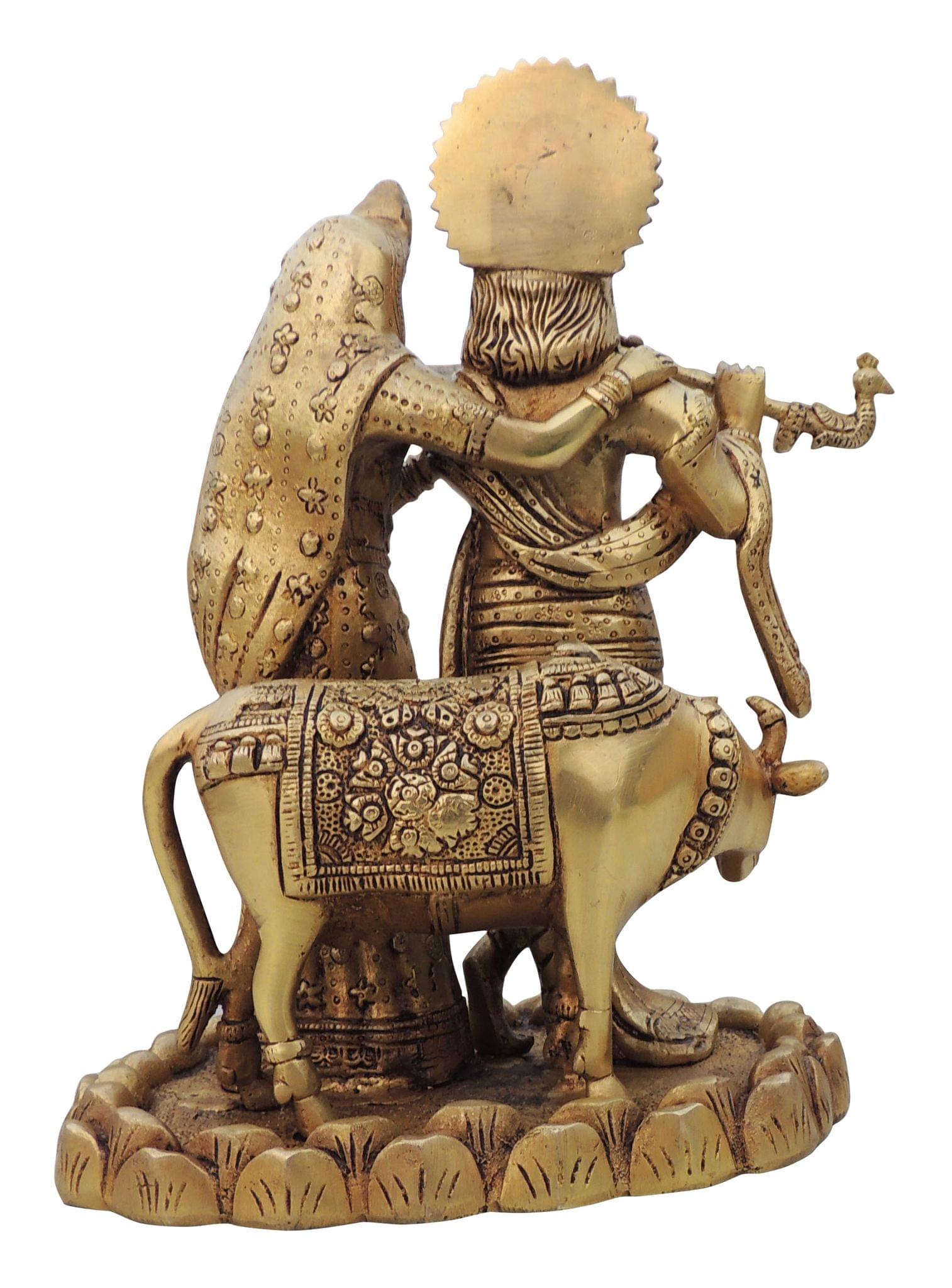Brass Radha-Krishna, with Cow — 11"