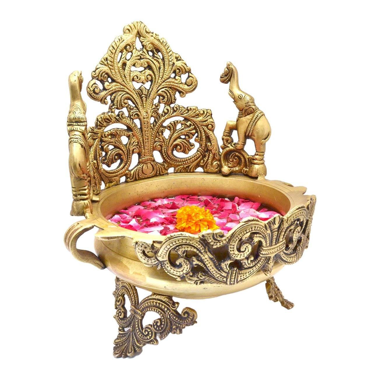 Brass Peacock and Elephant Design Traditional Urli for Floral and — 11"