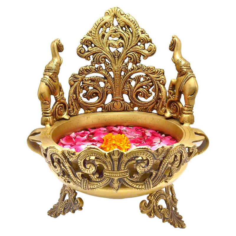 Brass Peacock and Elephant Design Traditional Urli for Floral and — 11"