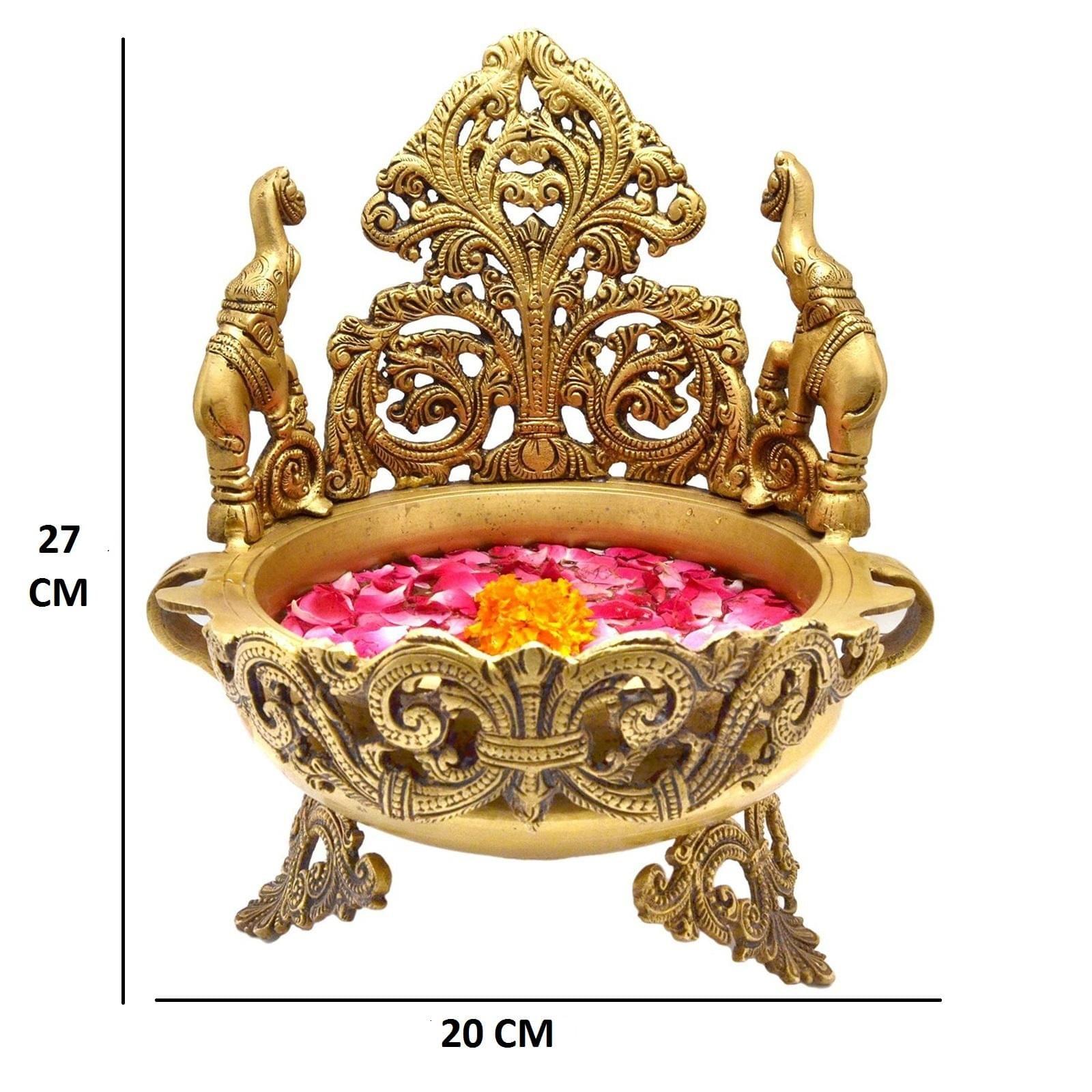 Brass Peacock and Elephant Design Traditional Urli for Floral and — 11"