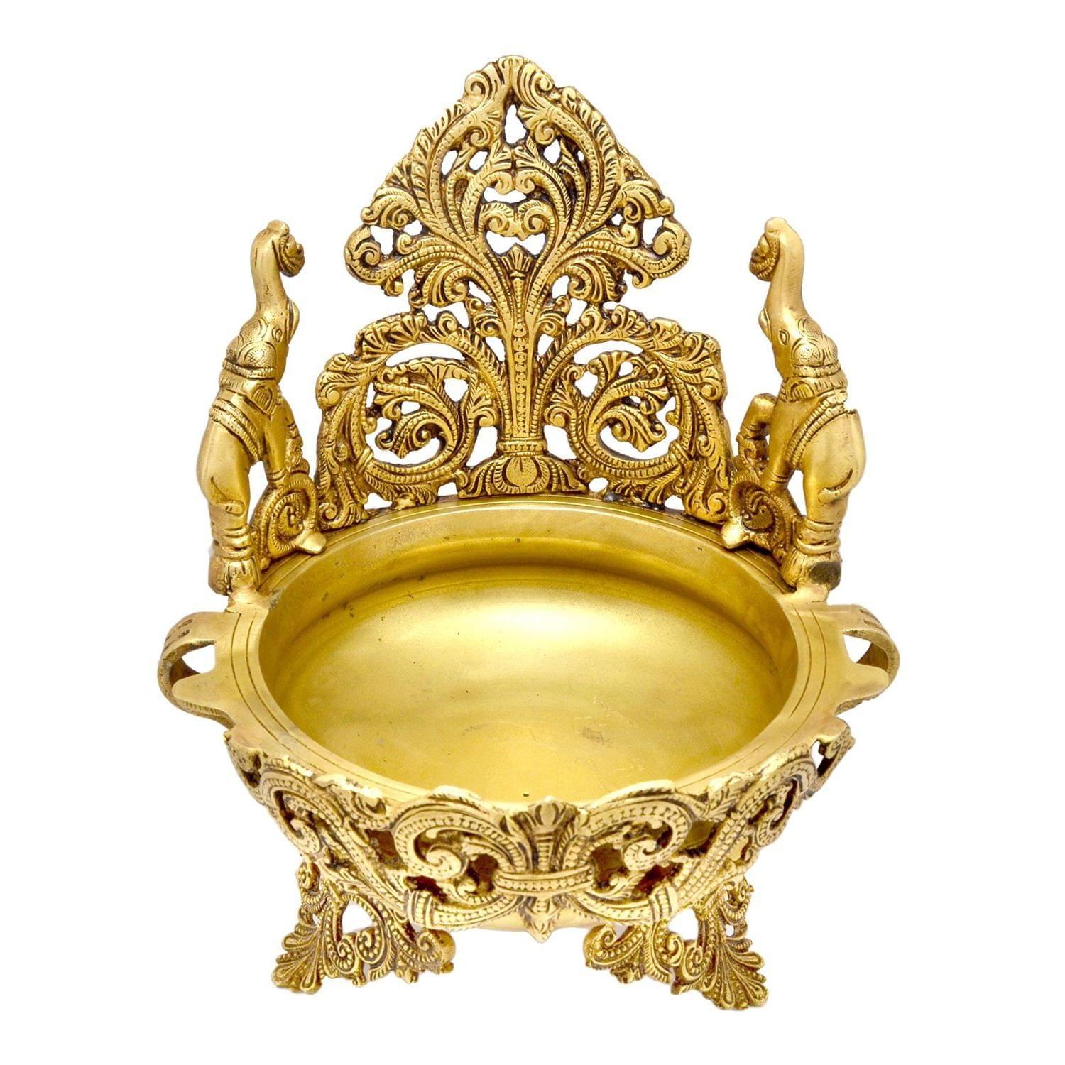 Brass Peacock and Elephant Design Traditional Urli for Floral and — 11"