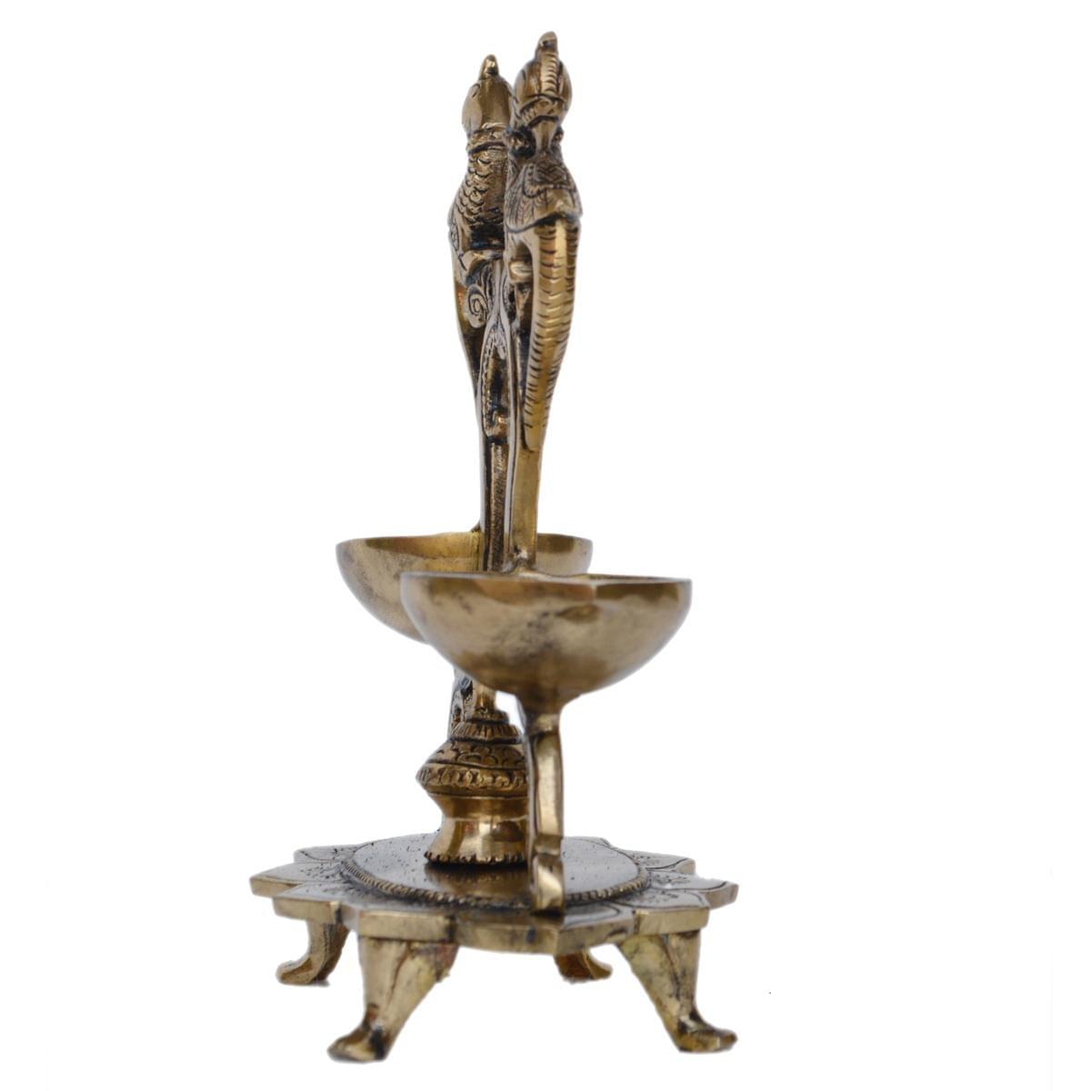 Brass Peacock Diya Jyoti Deepak Oil Lamp 2 Wicks — 7.2"