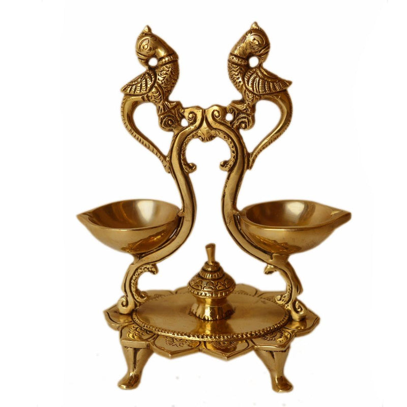 Brass Peacock Diya Jyoti Deepak Oil Lamp 2 Wicks — 7.2"