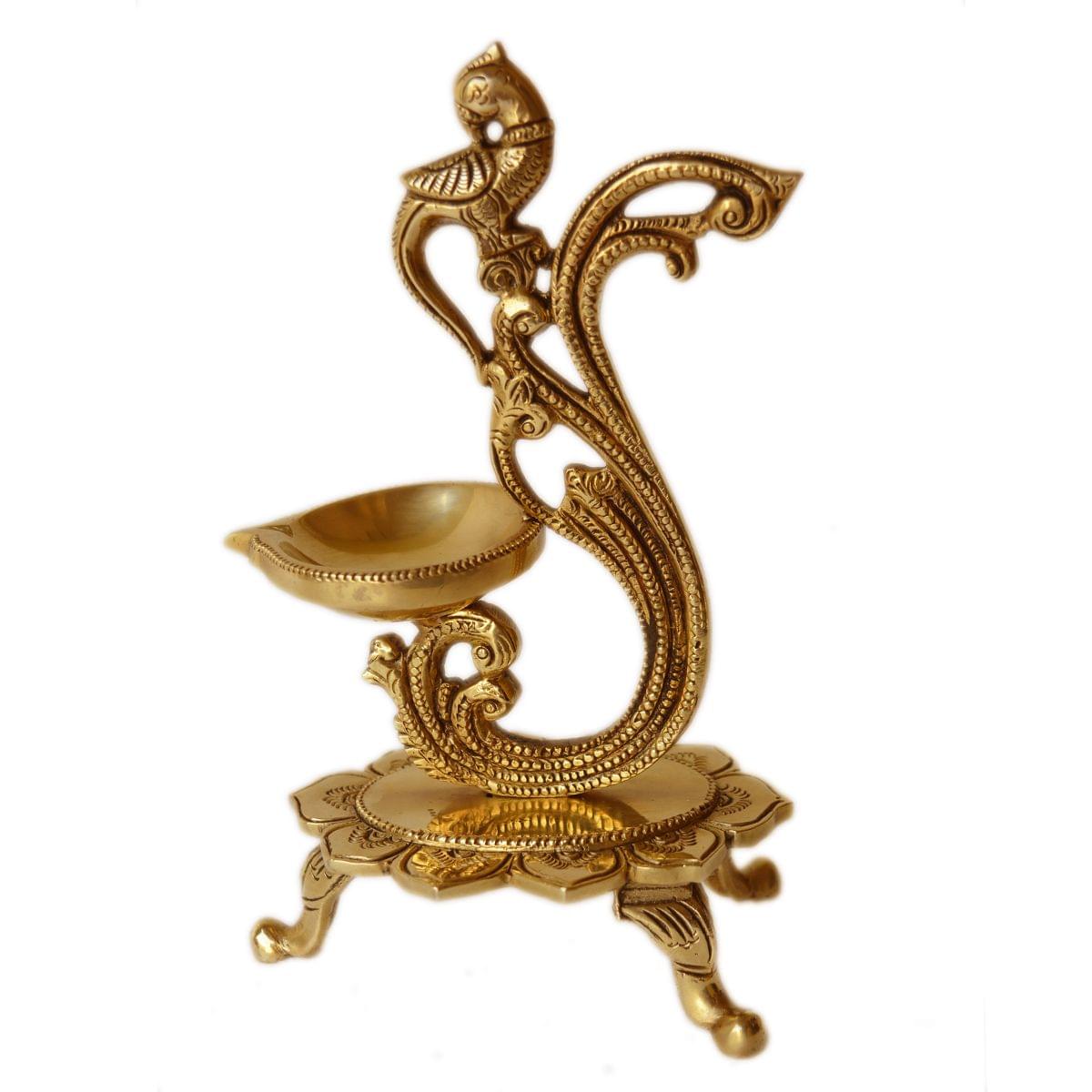 Brass Peacock Diya Jyoti Deepak Oil Lamp 1 Wick — 8"
