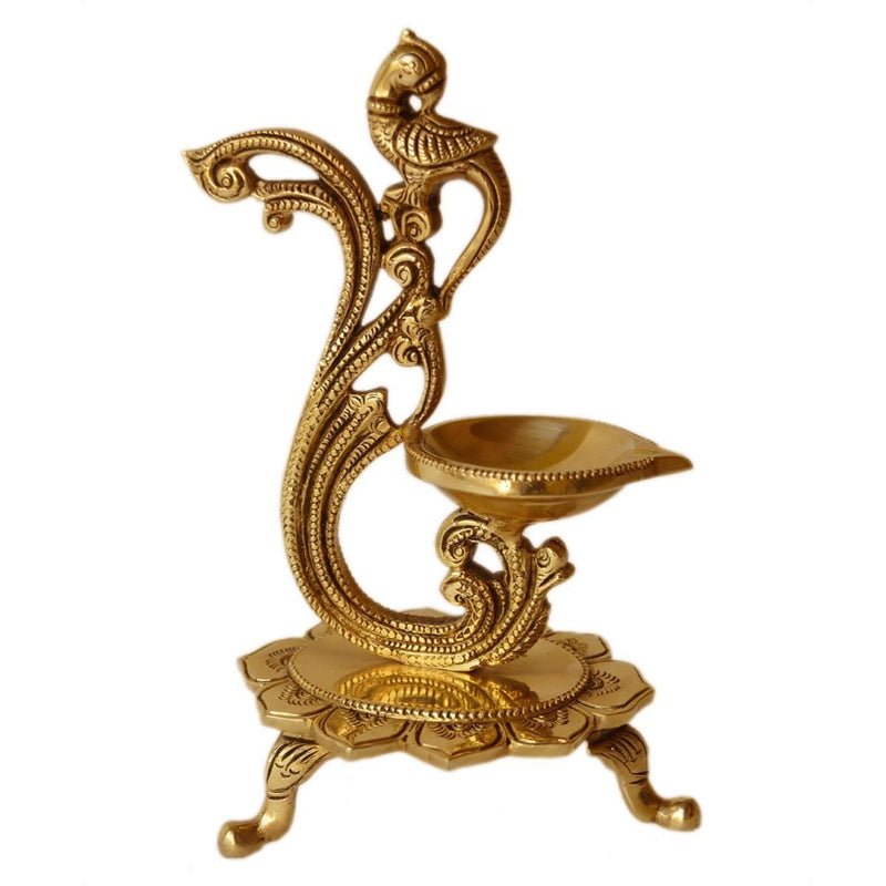 Brass Peacock Diya Jyoti Deepak Oil Lamp 1 Wick — 8"