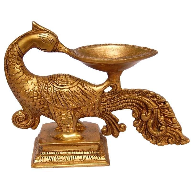 Brass Peacock Diya Jyoti Deepak Oil Lamp 1 Wick — 5"