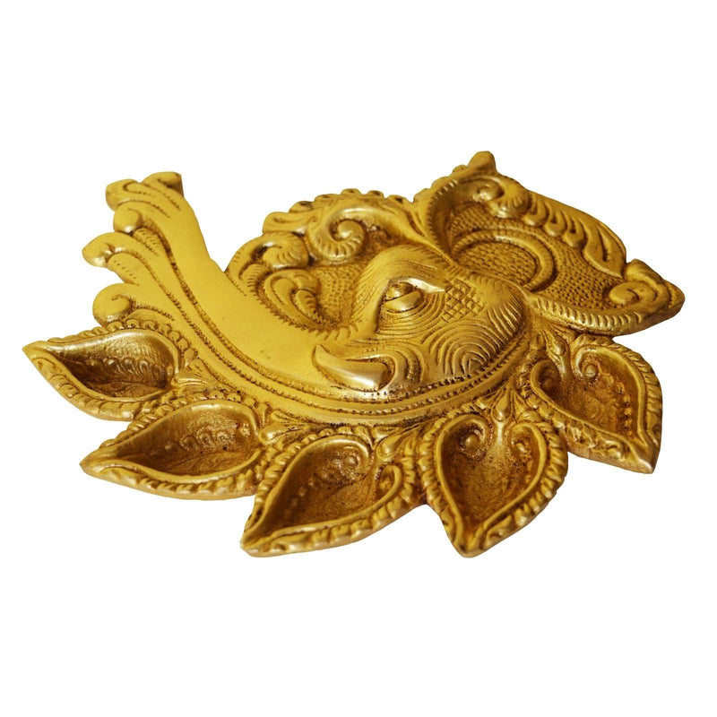 Brass Elephant Face Conch Shape Deepak 5 Wicks — 7"