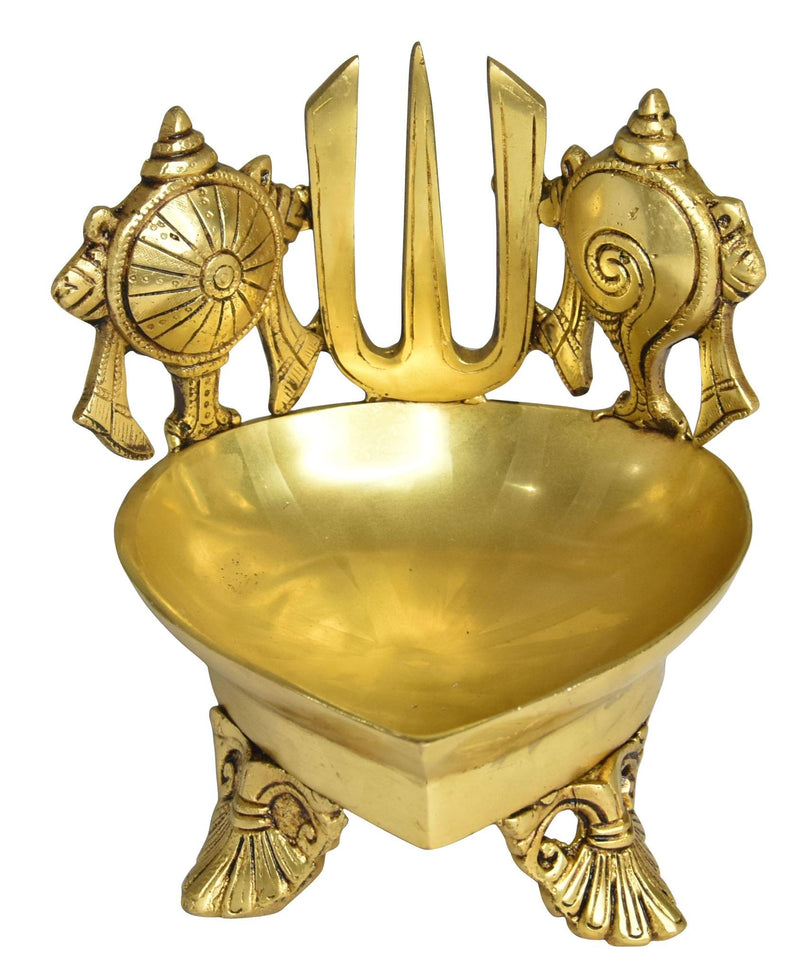 Brass Table Decor Shankh Chakra Deepak, Oil Lamp — 7"
