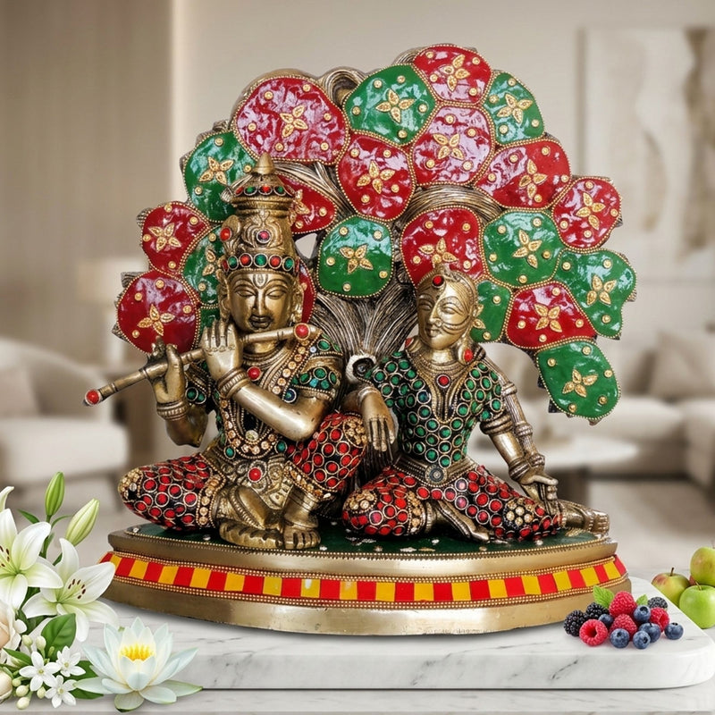 Brass Radha-Krishna, with Tree — 11.7"