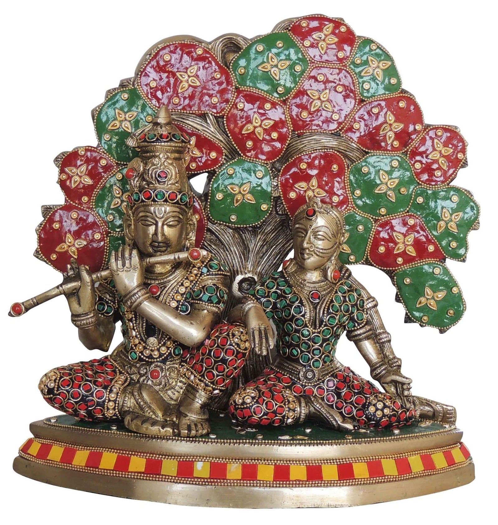 Brass Radha-Krishna, with Tree — 11.7"