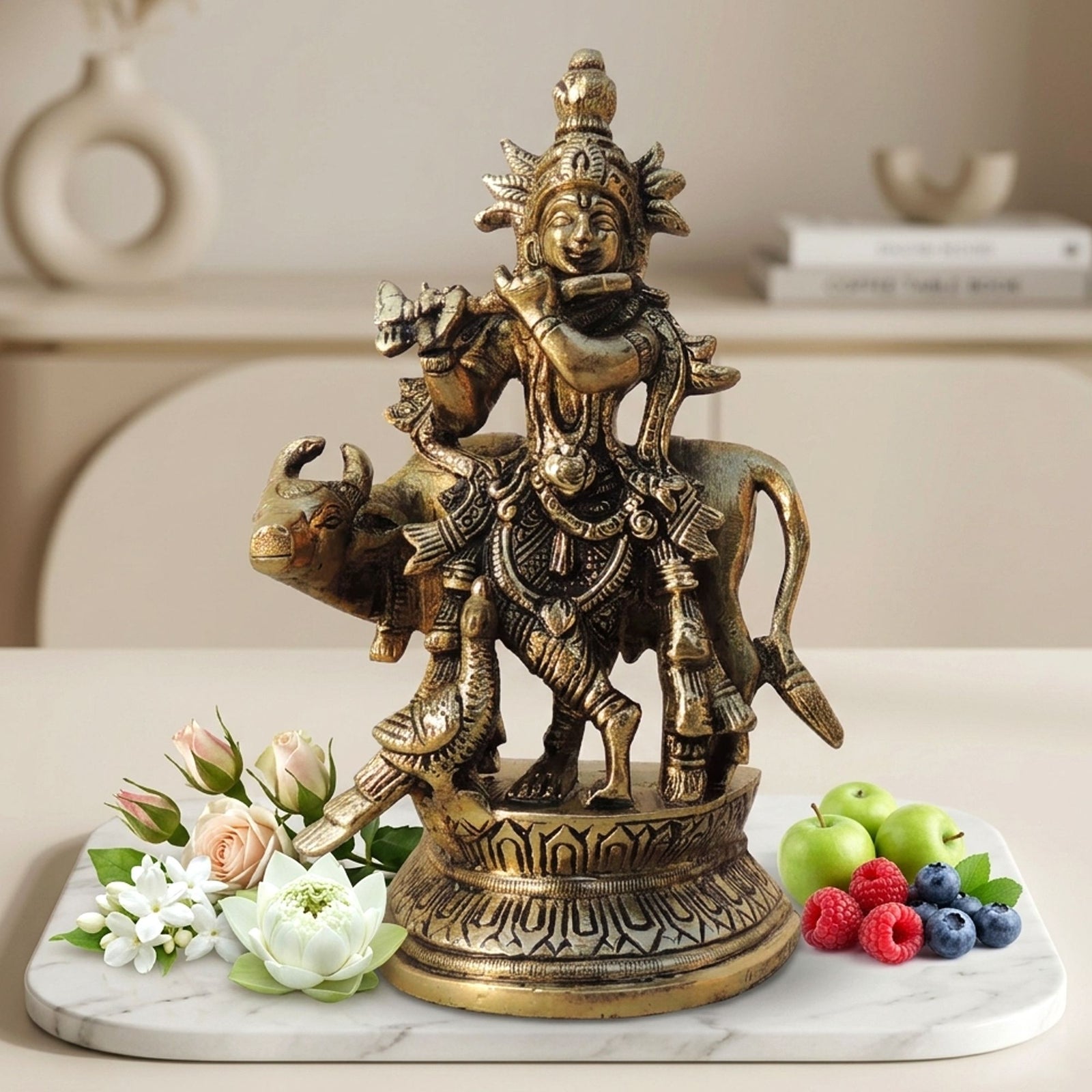 Brass Krishna, with Cow — 5.5"