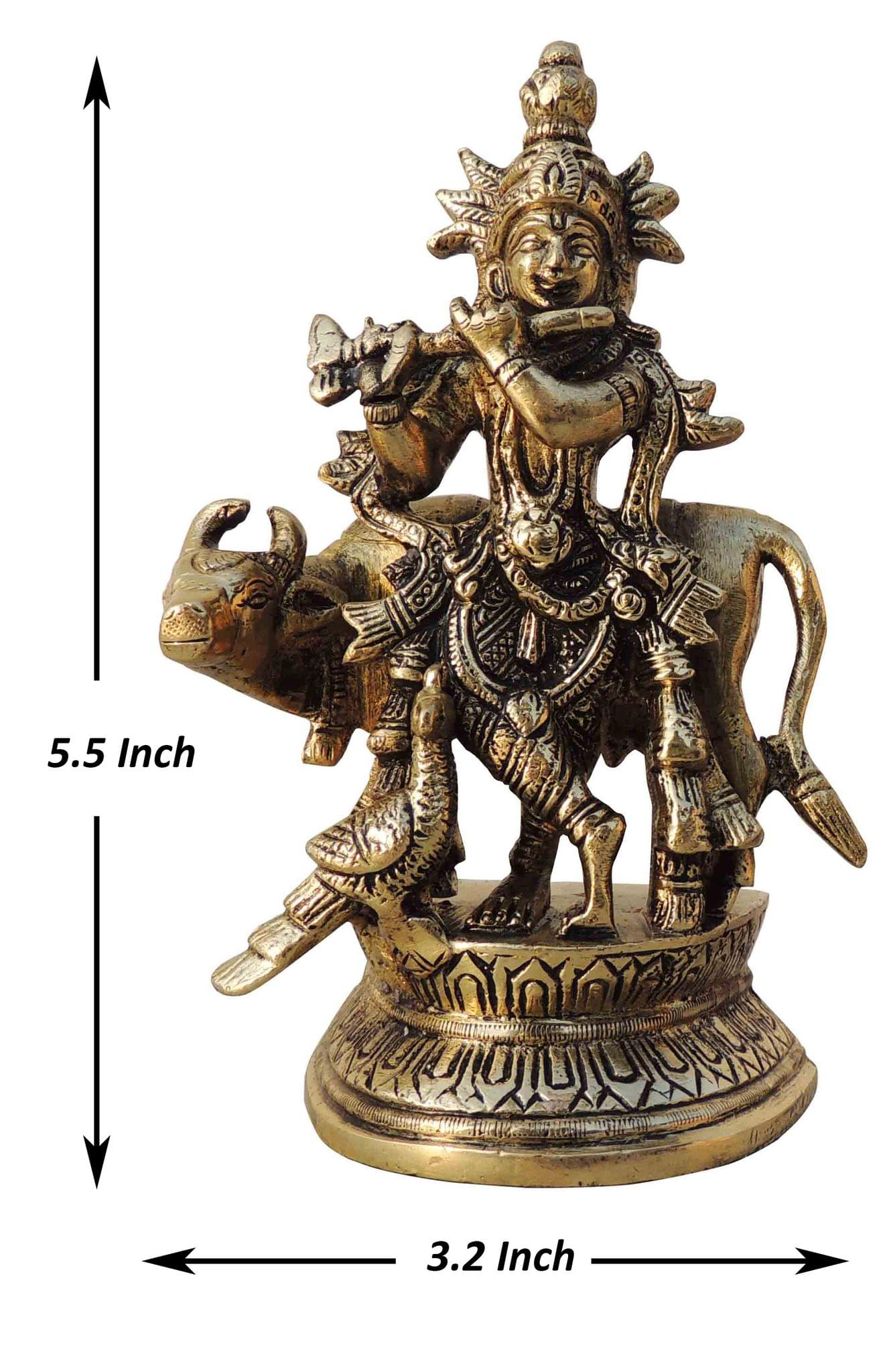 Brass Krishna, with Cow — 5.5"