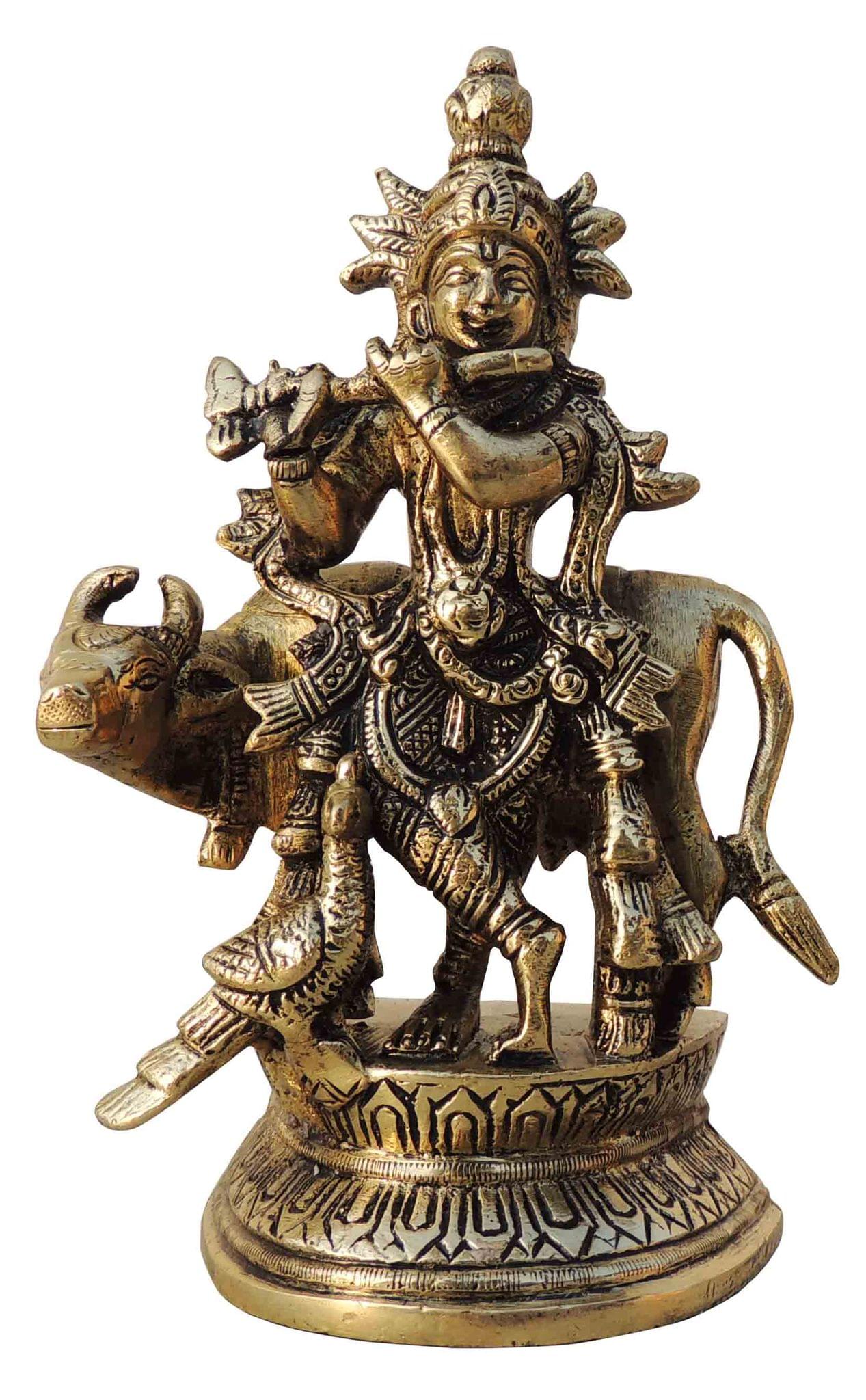 Brass Krishna, with Cow — 5.5"