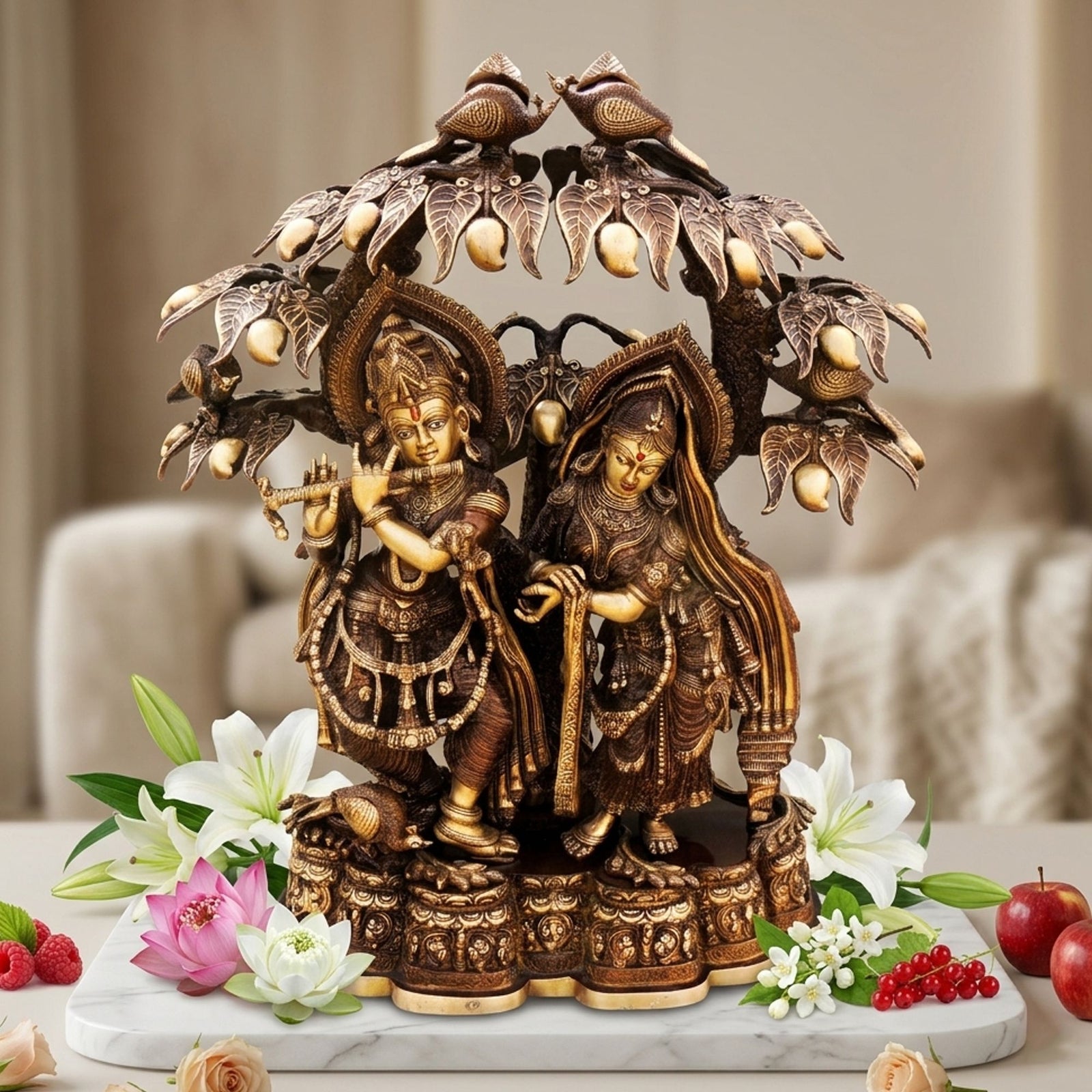 Brass Radha-Krishna, with Tree — 28"