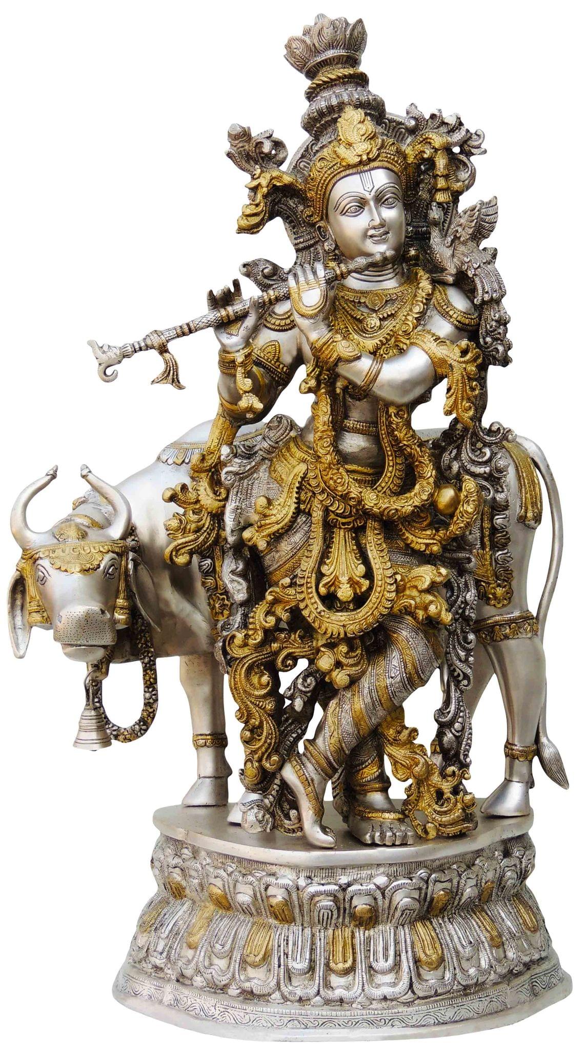 Brass Krishna, with Cow