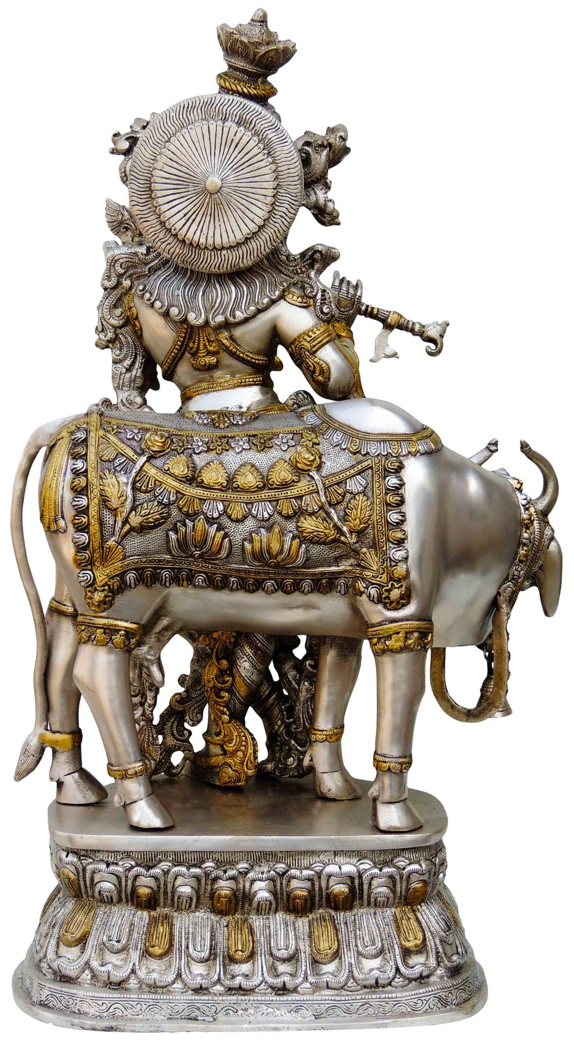 Brass Krishna, with Cow