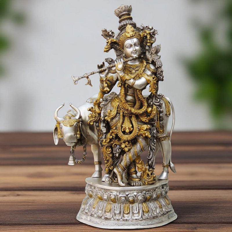 Brass Krishna, with Cow