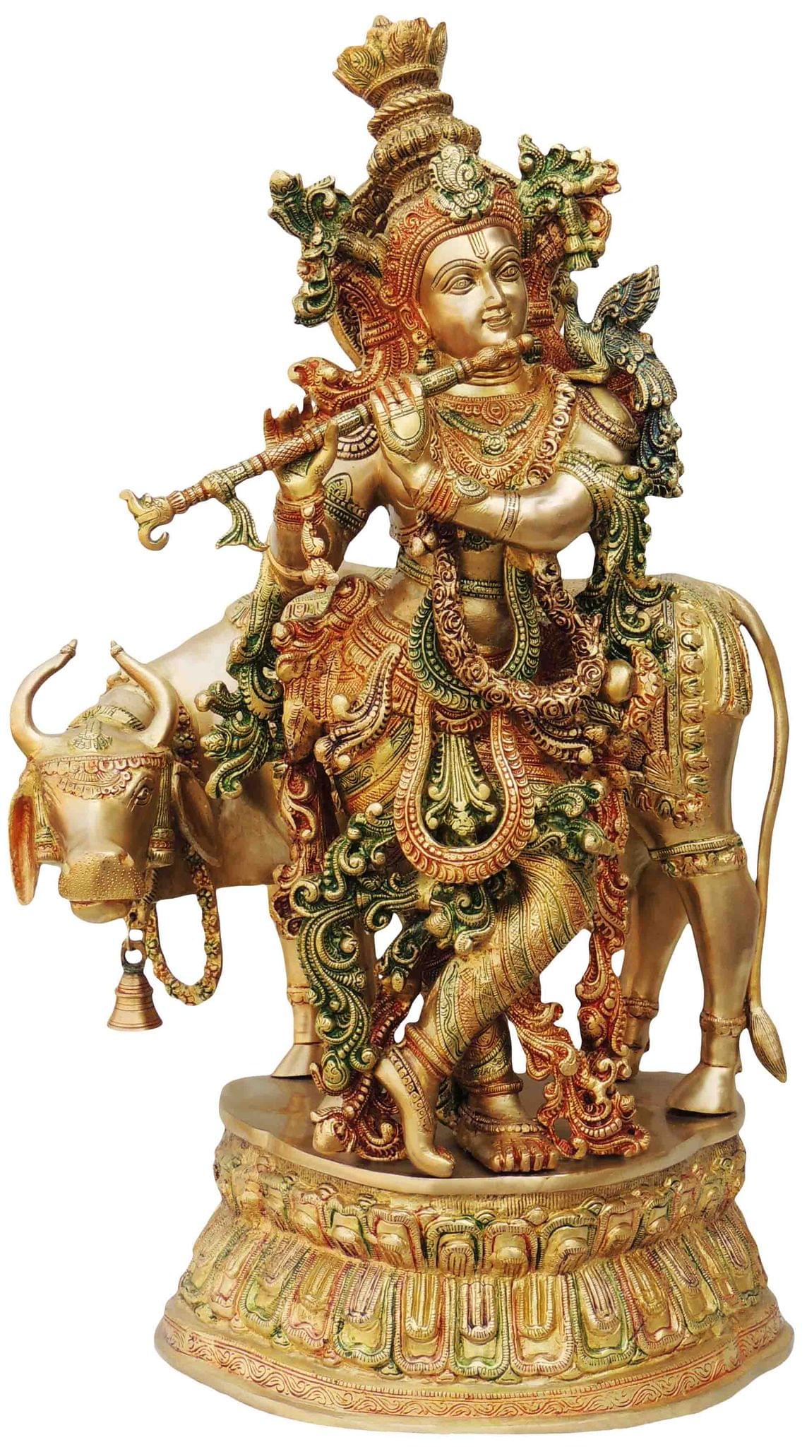 Brass Krishna, with Cow