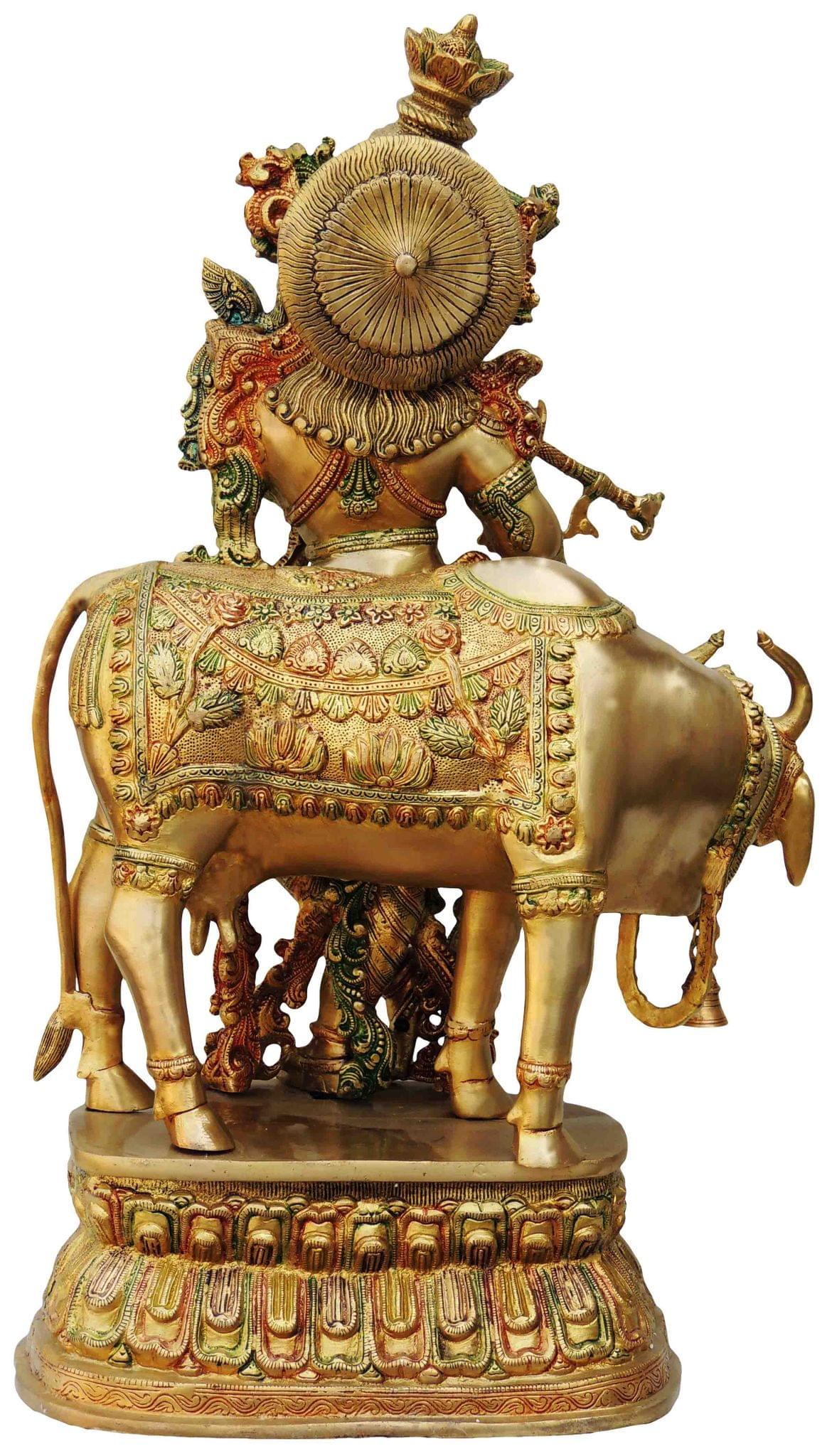 Brass Krishna, with Cow
