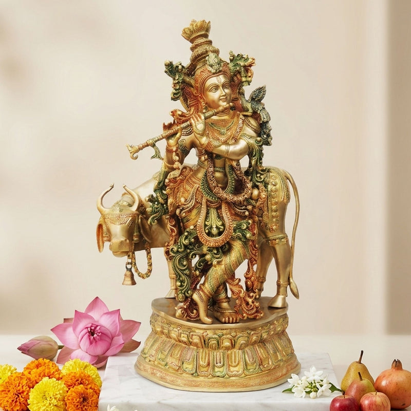 Brass Krishna, with Cow