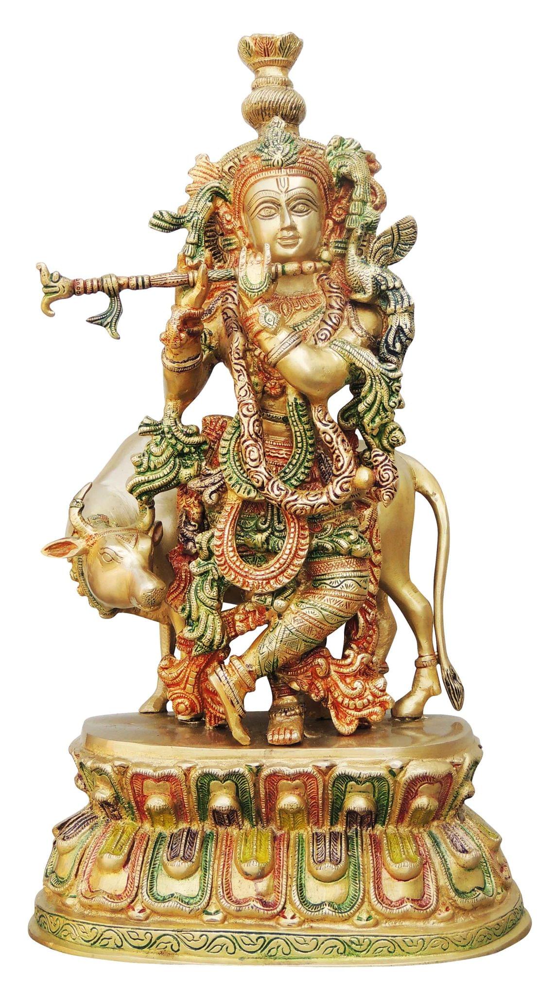Brass Krishna, with Cow