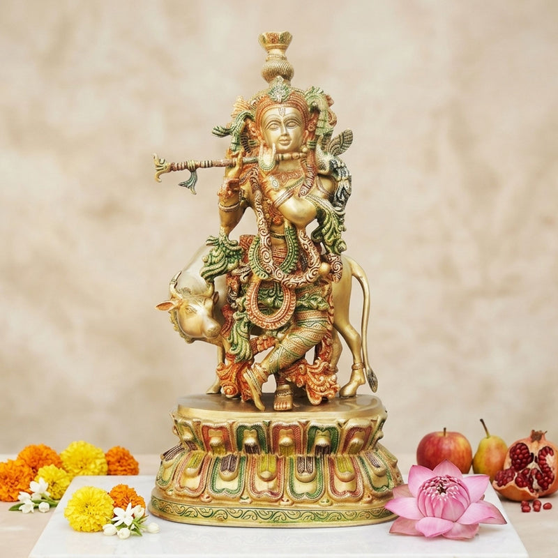 Brass Krishna, with Cow