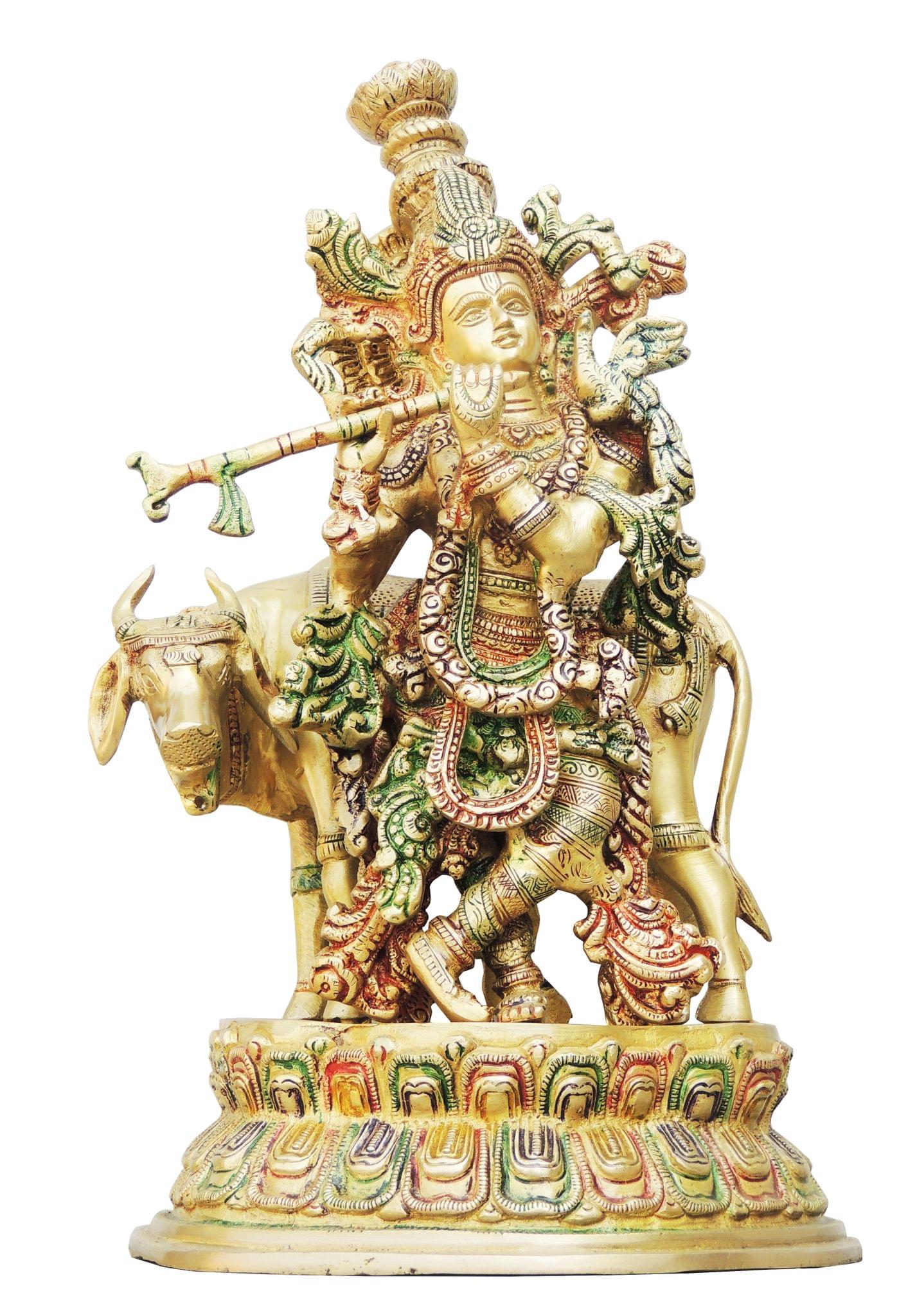 Brass Krishna, with Cow