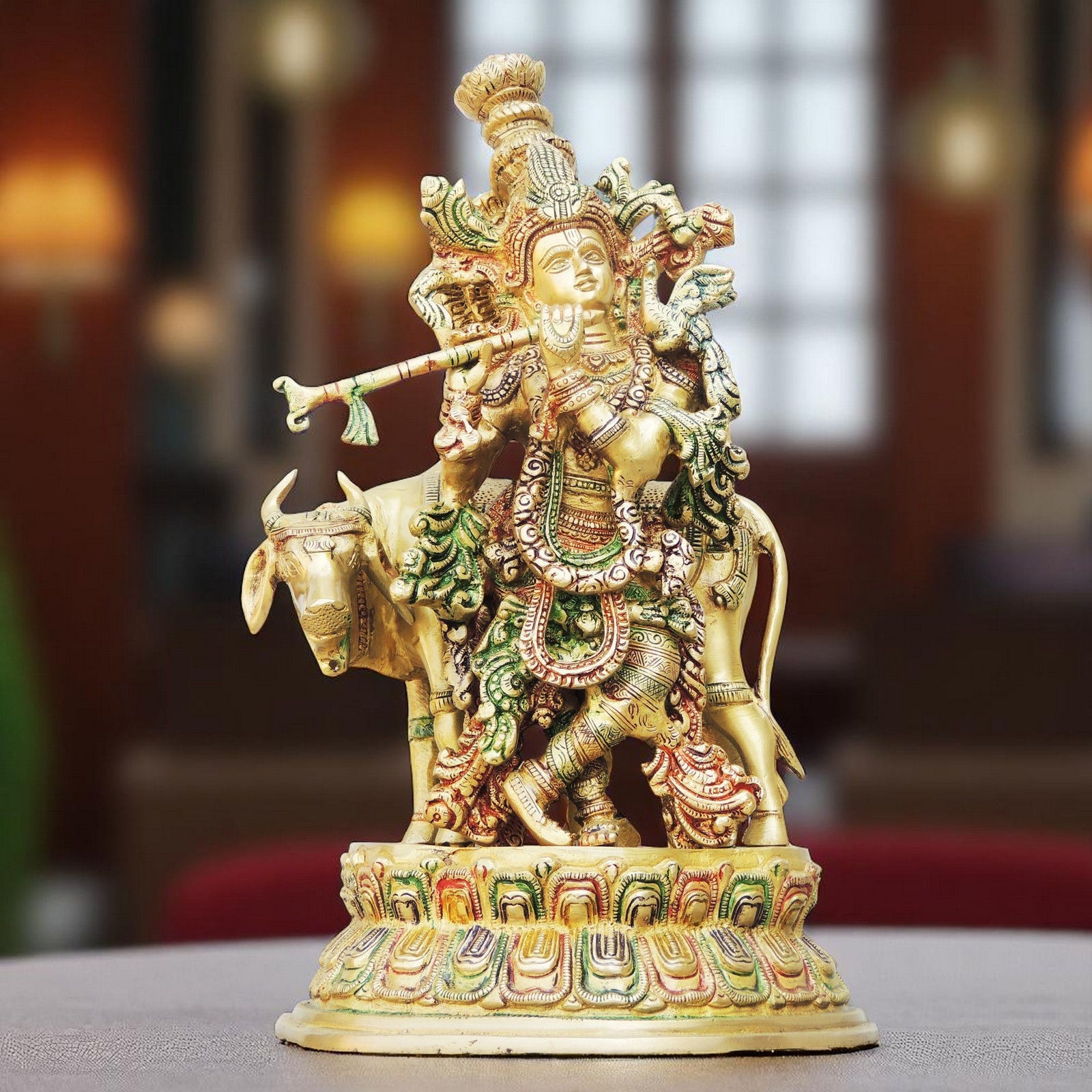 Brass Krishna, with Cow