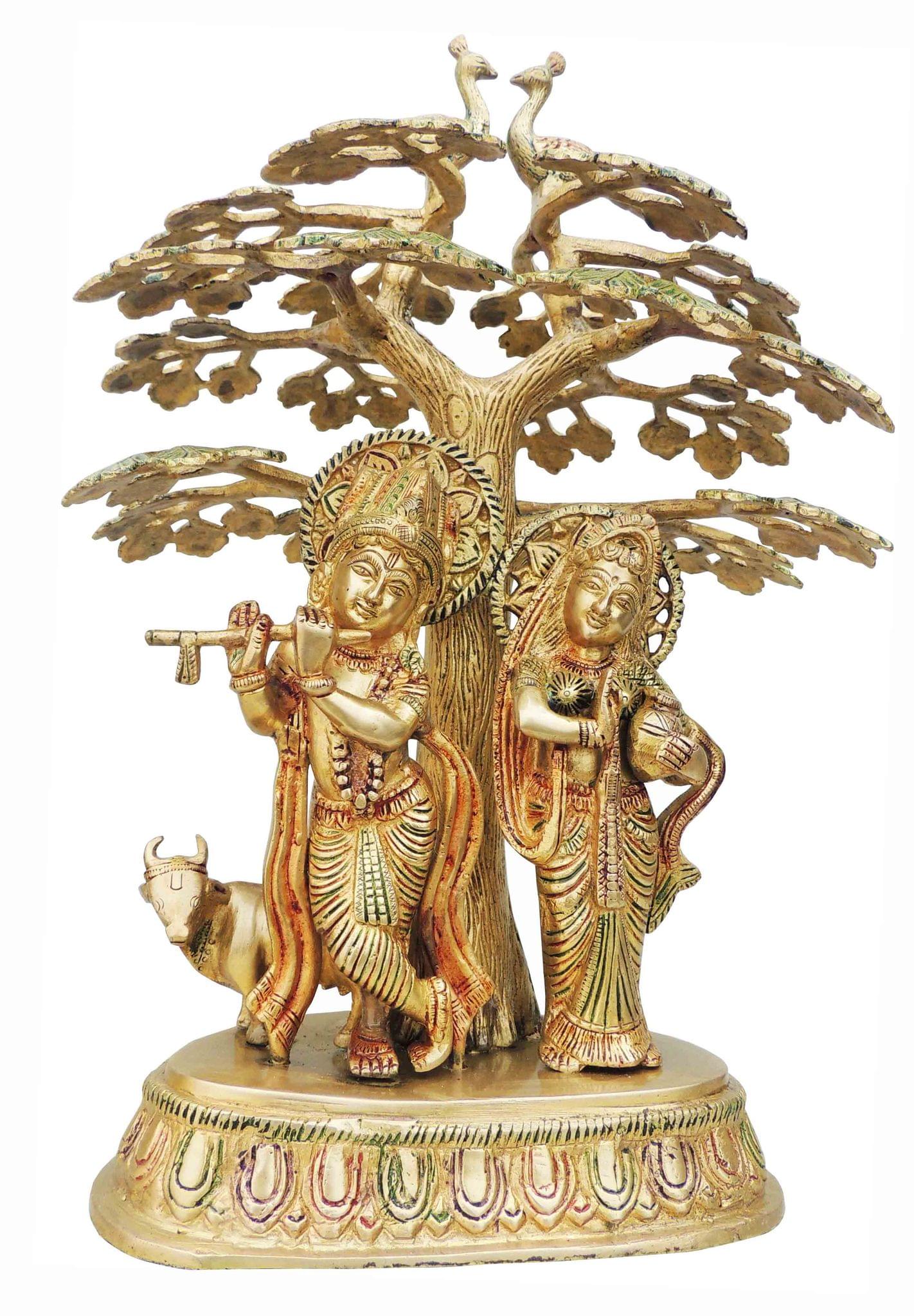 Brass Radha-Krishna, with Cow — 16.4"
