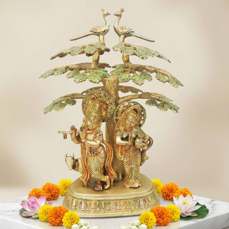 Brass Radha-Krishna, with Cow — 16.4"