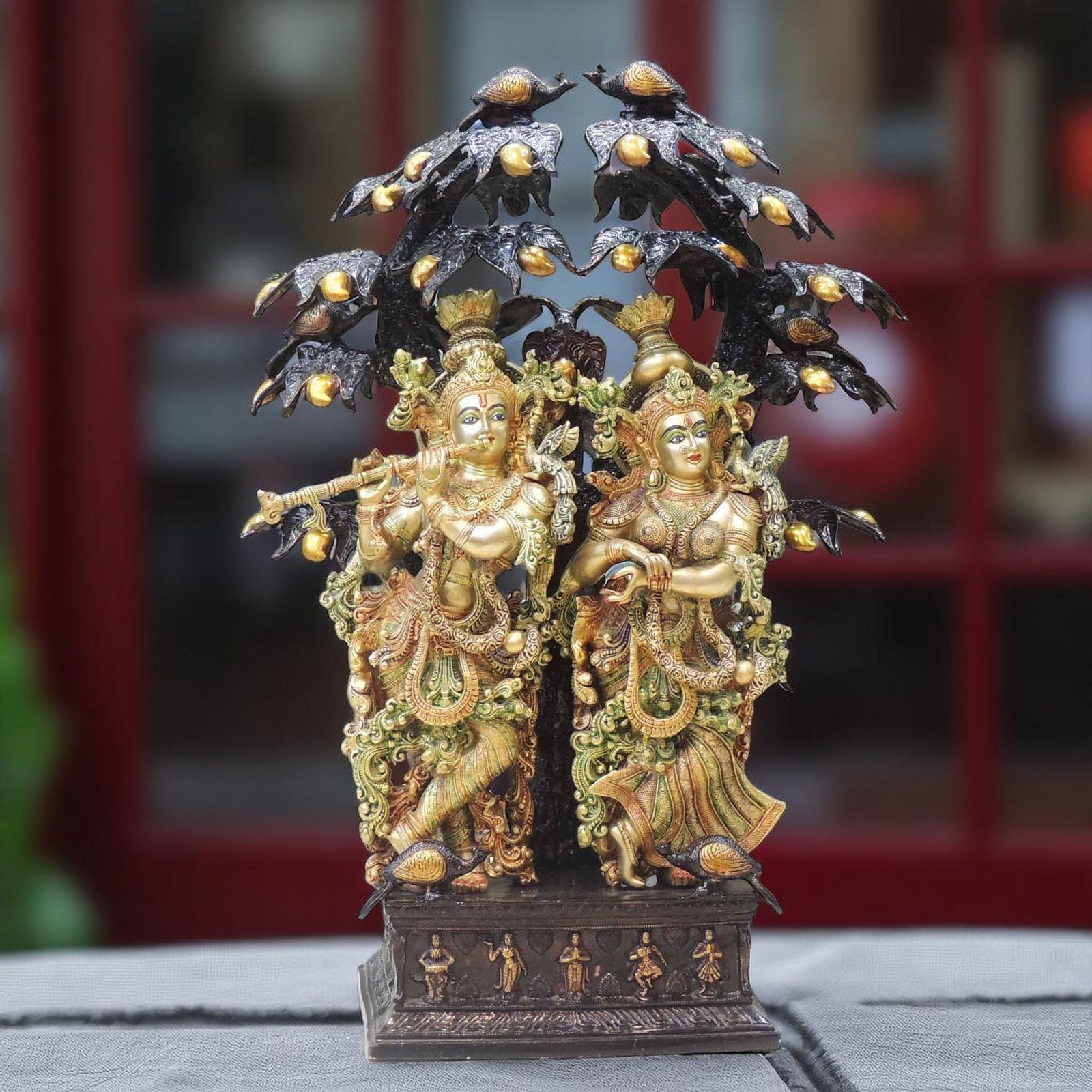 Brass Radha-Krishna, with Tree — 37"