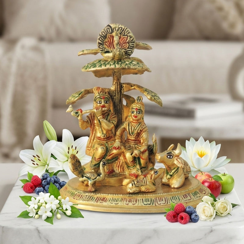 Brass Radha-Krishna, with Cow — 7.5"