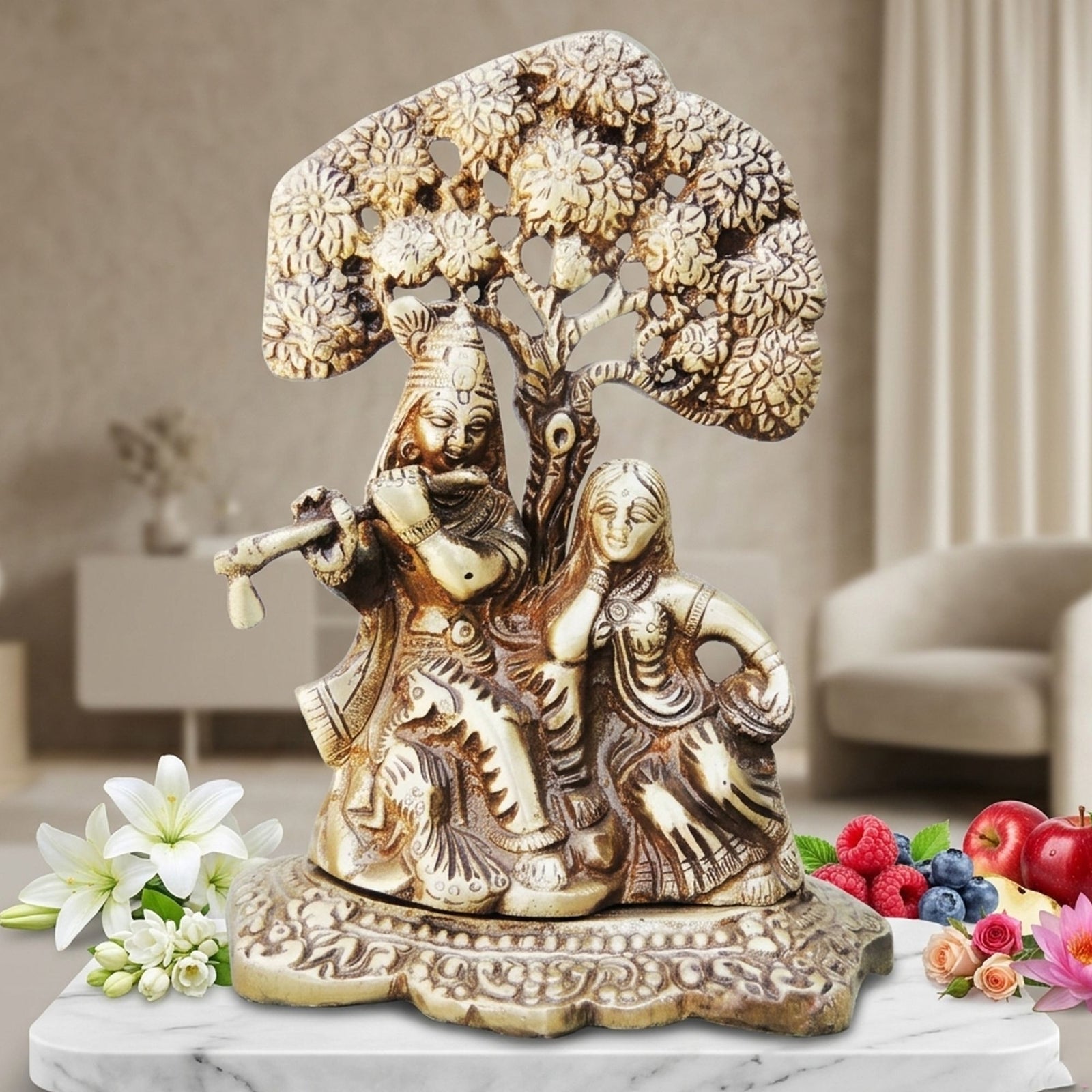 Brass Radha-Krishna, with Tree — 6.5"