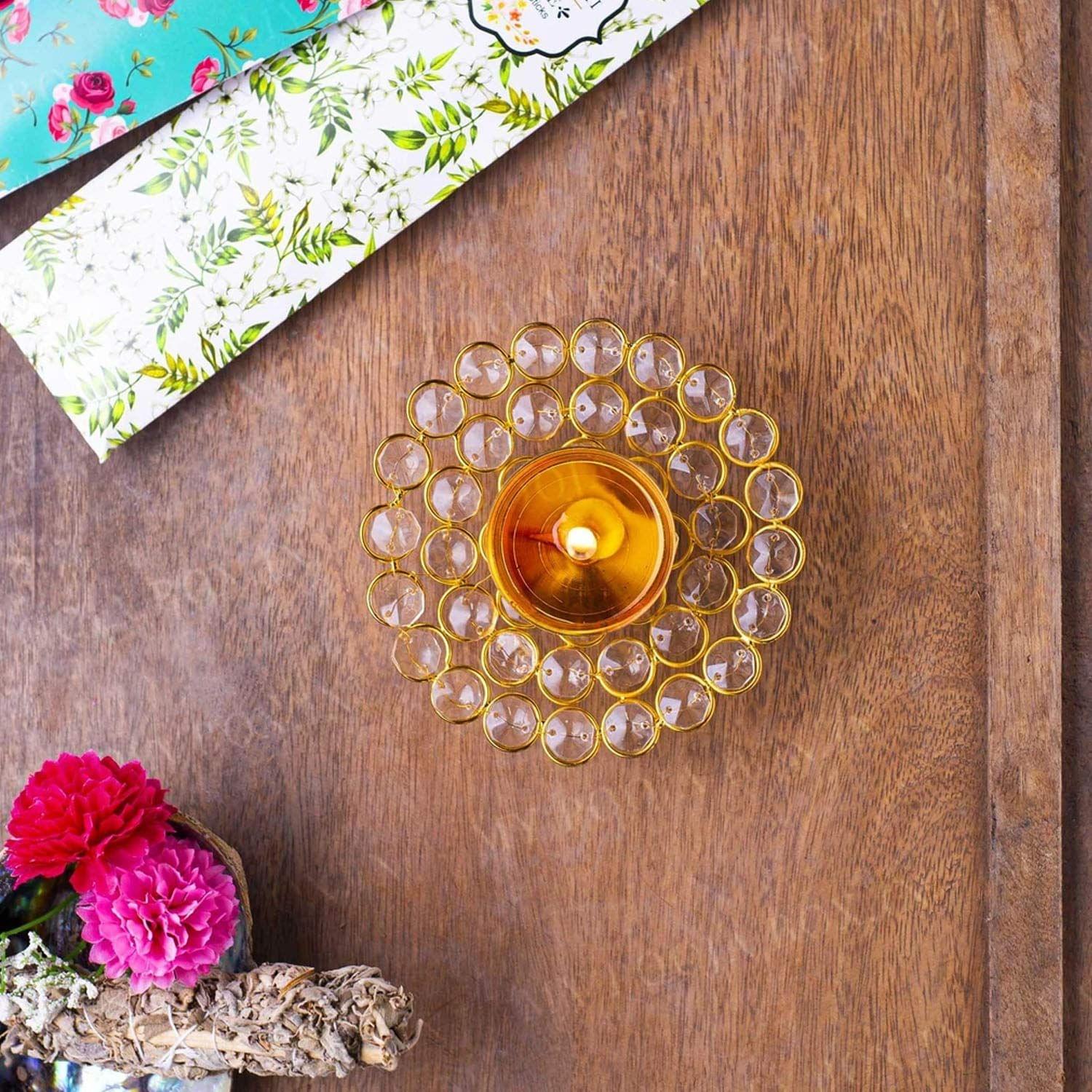 Brass Round Crystal Diya No. 3 — 2"