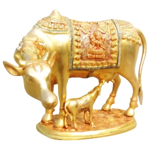 Brass Cow With Calf Statue - 13.5 Inch Length, 7.8 Inch Width, 9.5 Inch Height