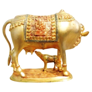 Brass Cow With Calf Statue - 13.5 Inch Length, 7.8 Inch Width, 9.5 Inch Height