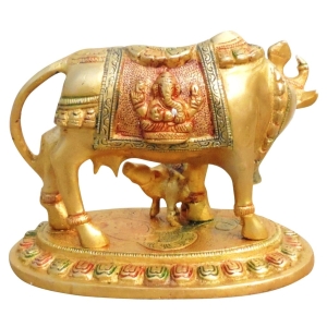 Brass Cow With Calf Statue - 7 Inch Length, 4.4 Inch Width, 4.8 Inch Height