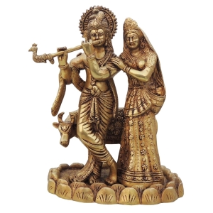Brass Showpiece Radha Krishna Pair With Cow God Idol Statue 11 Inch