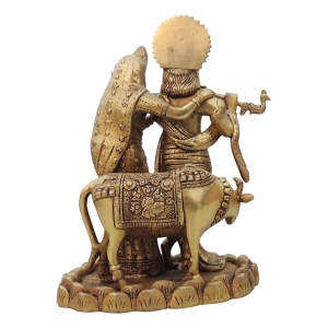Brass Showpiece Radha Krishna Pair With Cow God Idol Statue 11 Inch