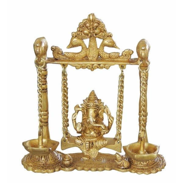 Brass Ganesh Jhula with Parrot and Deepak - 8x2.5x9 inch (BS1068 A)