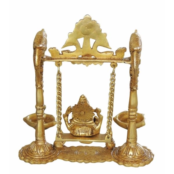 Brass Ganesh Jhula with Parrot and Deepak - 8x2.5x9 inch (BS1068 A) - Image 2