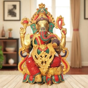 Brass Showpiece Ganesh ji With Stone Work Statue - 13*9.5*20.5 Inch ( BS1138 C )