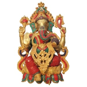 Brass Showpiece Ganesh ji With Stone Work Statue - 13*9.5*20.5 Inch ( BS1138 C )